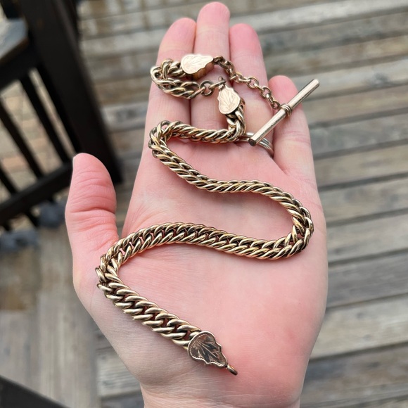 Antique Jewelry - 62.32 Gram Antique Gold Filled Albert Watch Curb Chain with T-Bar- 15.5”